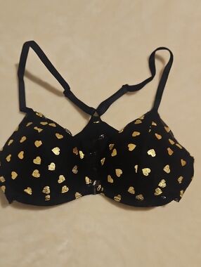 PINK Victoria's Secret Black Push Up Bralette with Metallic Gold Hearts